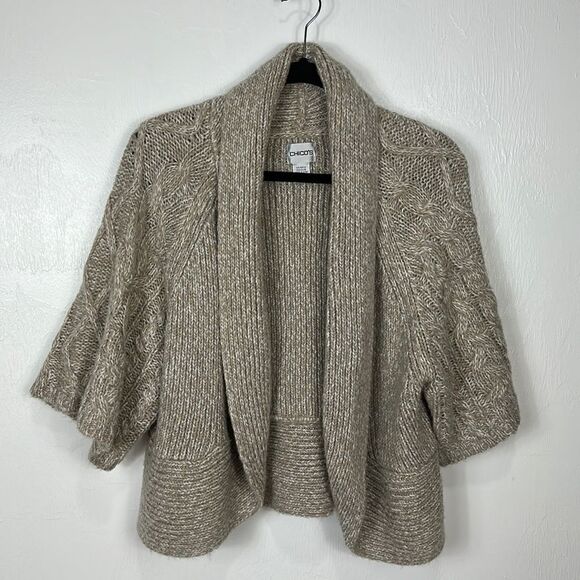 Chico’s Heather Pale Brown Cable Knit 3/4 Sleeves Cardigan Sweater Size L - Picture 1 of 7